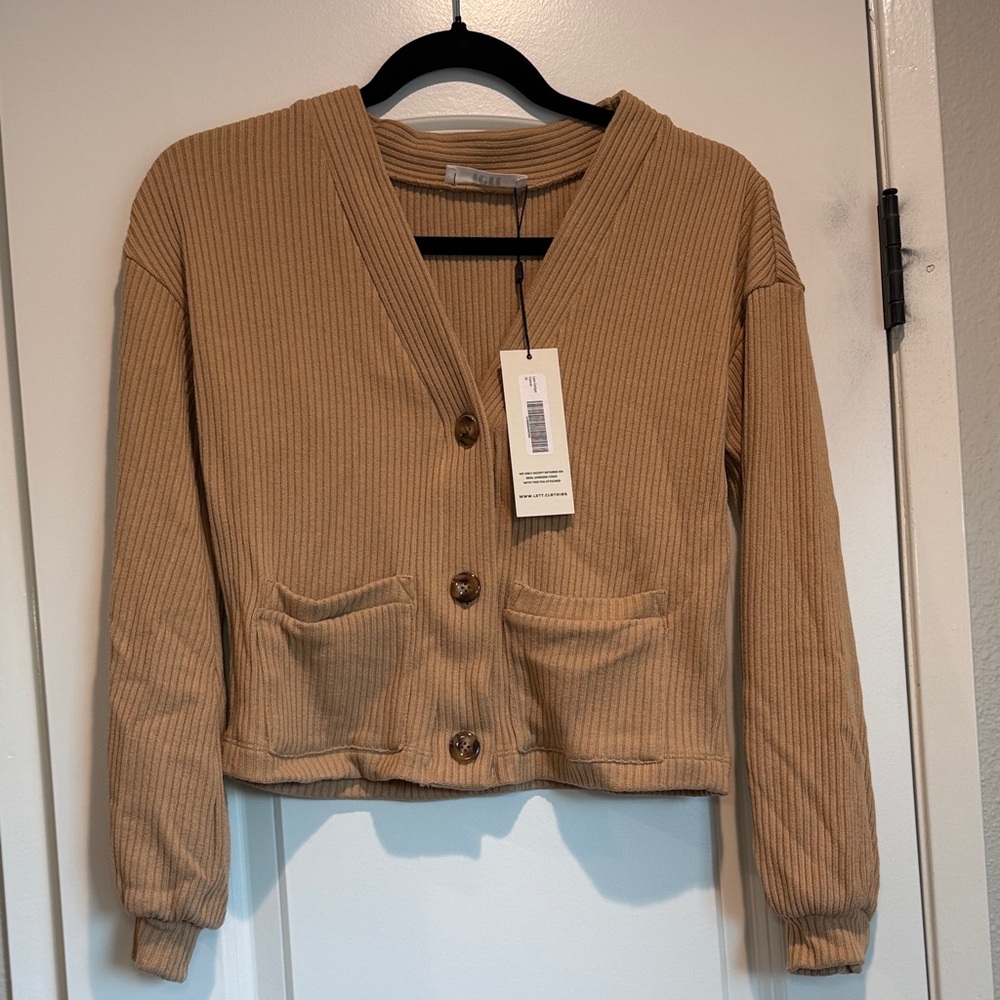 Tan Ribbed Button-Up Cardigan and Shorts Set